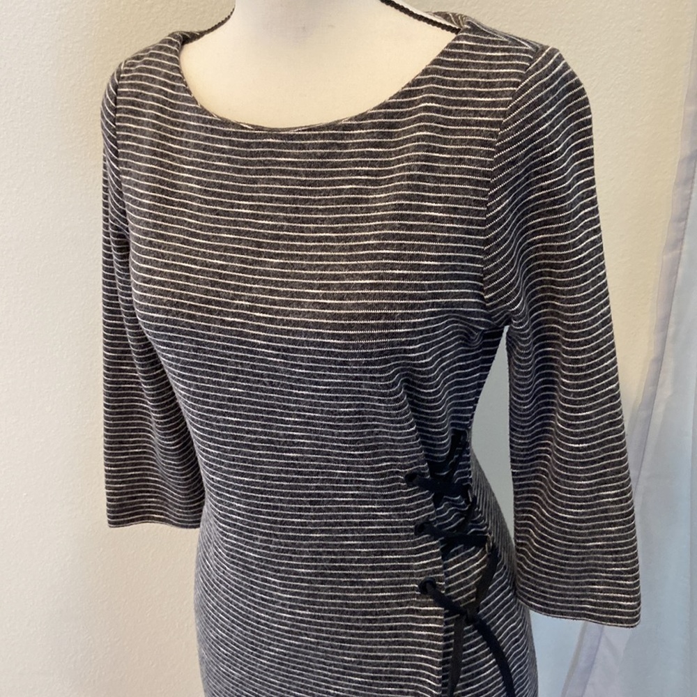Charcoal and white striped sweater dress with laced side accent